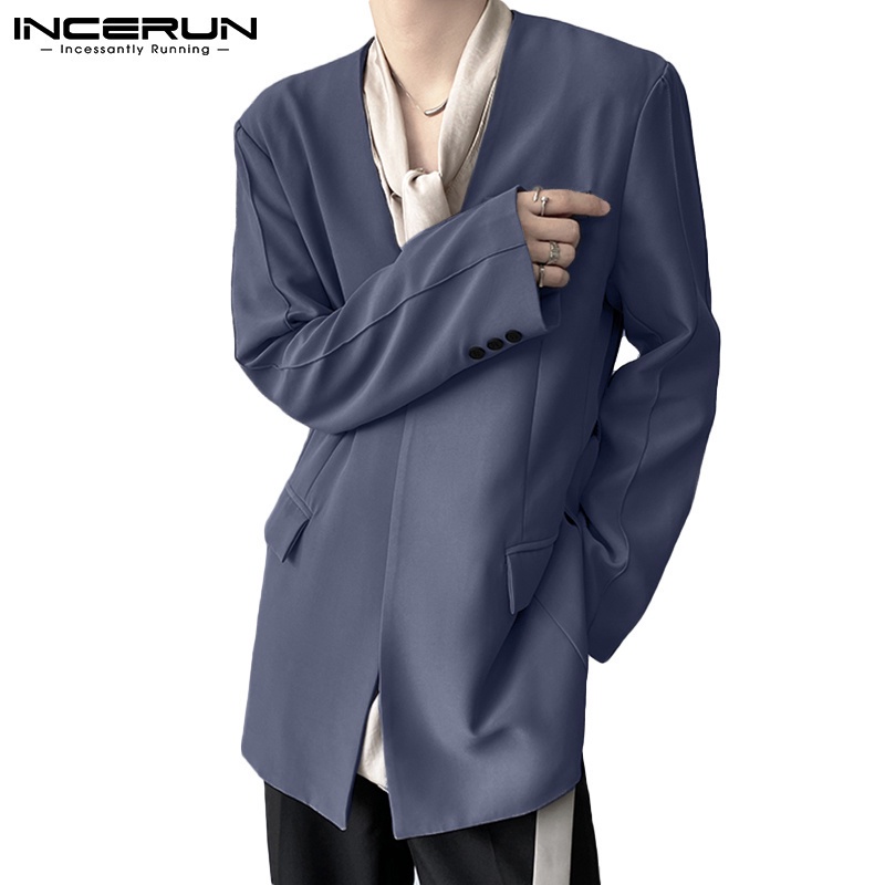 INCERUN 男士韓版時尚長袖純色V領繫帶西裝外套