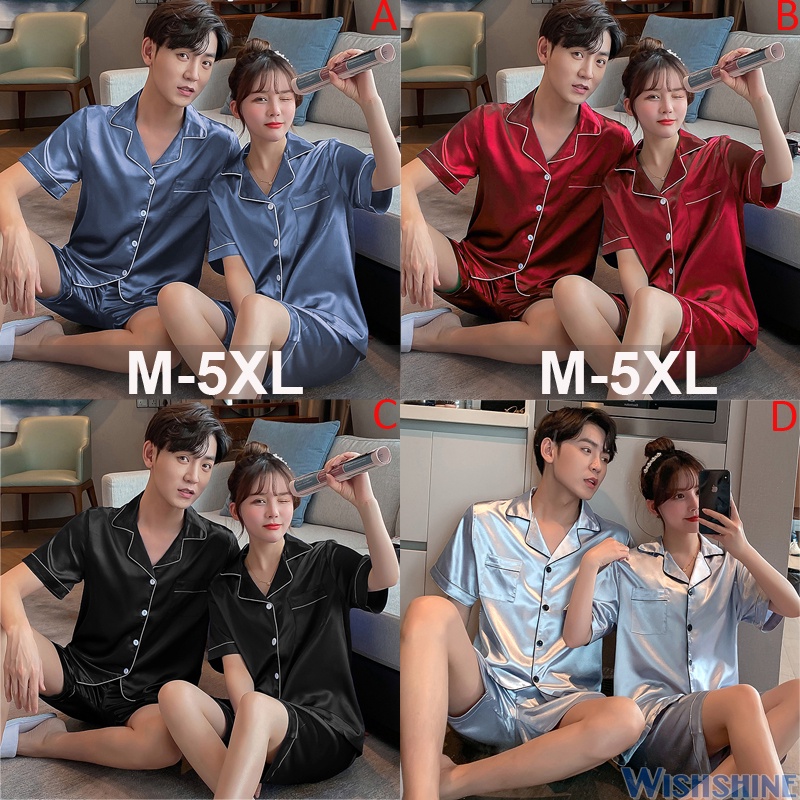 韓版大碼 M-5XL 男士女士中性情侶短袖真絲緞面睡衣套裝男女甜美睡衣睡衣睡衣