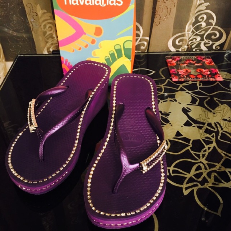 專櫃正貨 巴西品牌 哈瓦仕 havaianas 深紫色 顯白肌 施華洛世奇水鑽鑲邊水晶滾邊 超閃絕美橡膠 厚底拖鞋 37