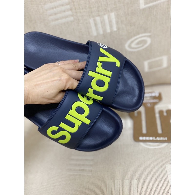 全新/新品superdry極度乾燥 拖鞋/涼鞋/海軍藍鞋底/螢光綠LOGO尺碼L