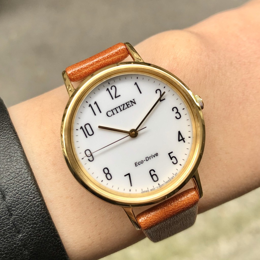 現貨 CITIZEN EM0578-17A 星辰錶 手錶 30mm 光動能 白面盤 金色錶圈 橘色皮錶帶 女錶