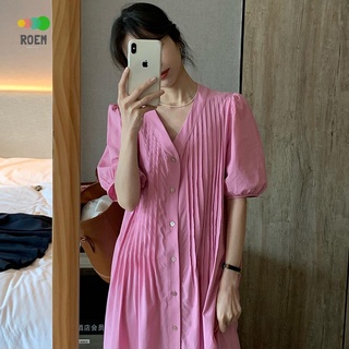 ROVE[輕熟氣質感]韓國原單夏季優雅V領單排扣寬鬆褶皺感設計泡泡袖長款洋裝洋裝女