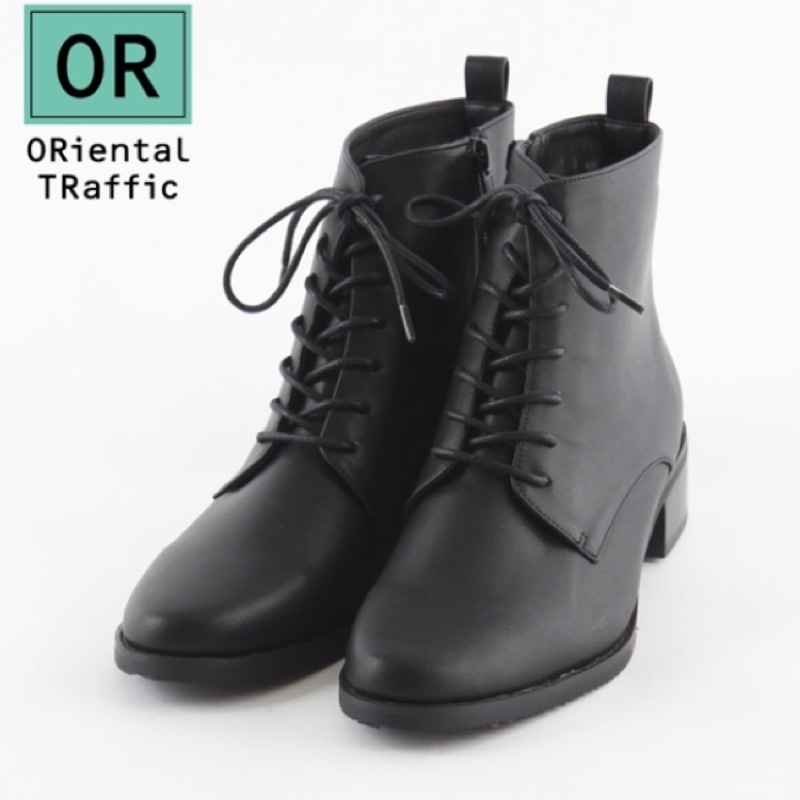 日本 ORiental TRaffic 個性軍風綁帶低跟短靴 潮流黑 軍靴 綁帶靴 短靴