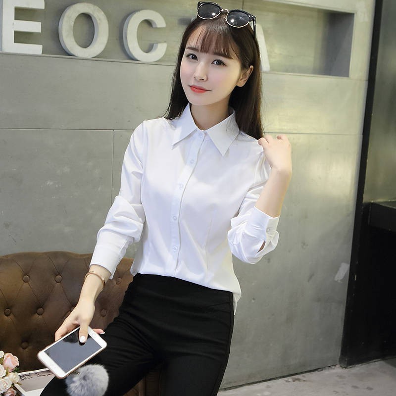 白襯衫女修身長袖職業裝大碼工作服正裝白色藍色白襯衣