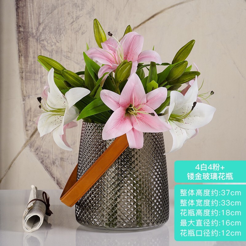 北歐創意高仿真花瓶擺件假百合花餐桌花瓶擺件電視柜玄關擺設仿真花假花花藝套裝4白4粉 鏤金玻璃花瓶 蝦皮購物
