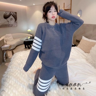 Xuan♥槓條軟綿綿睡衣女冬長袖可外穿運動休閑秋冬加厚珊瑚絨家居服套裝