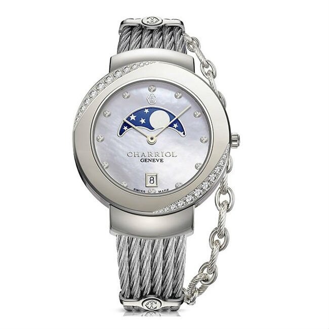 CHARRIOL夏利豪 ST35SD156000.8 真鑽銀月象盈虧優雅鋼索腕錶 / 珍珠母貝面 35mm