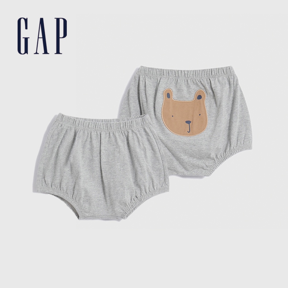 Gap 嬰兒裝 純棉寬鬆刺繡運動短褲 跟屁熊系列-淺灰色(858556)