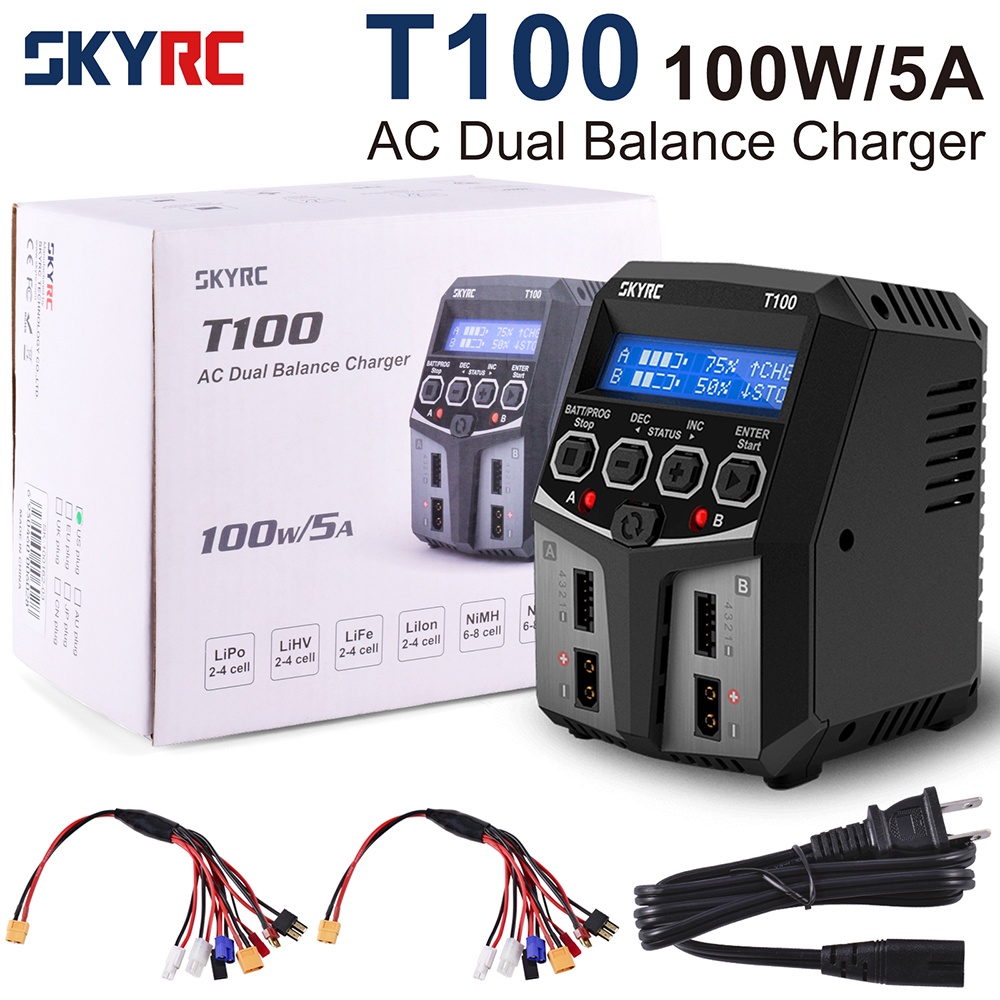 Skyrc T100 AC LiPo 電池平衡充電器雙 5A 2X50W 2-4S 充電器適用於 NiMH / NiCd