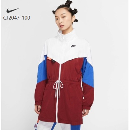 Nike 耐吉 風衣 女款  中長款 開衫 腰間抽繩CJ2047-100立領風衣 酒紅白色拼接