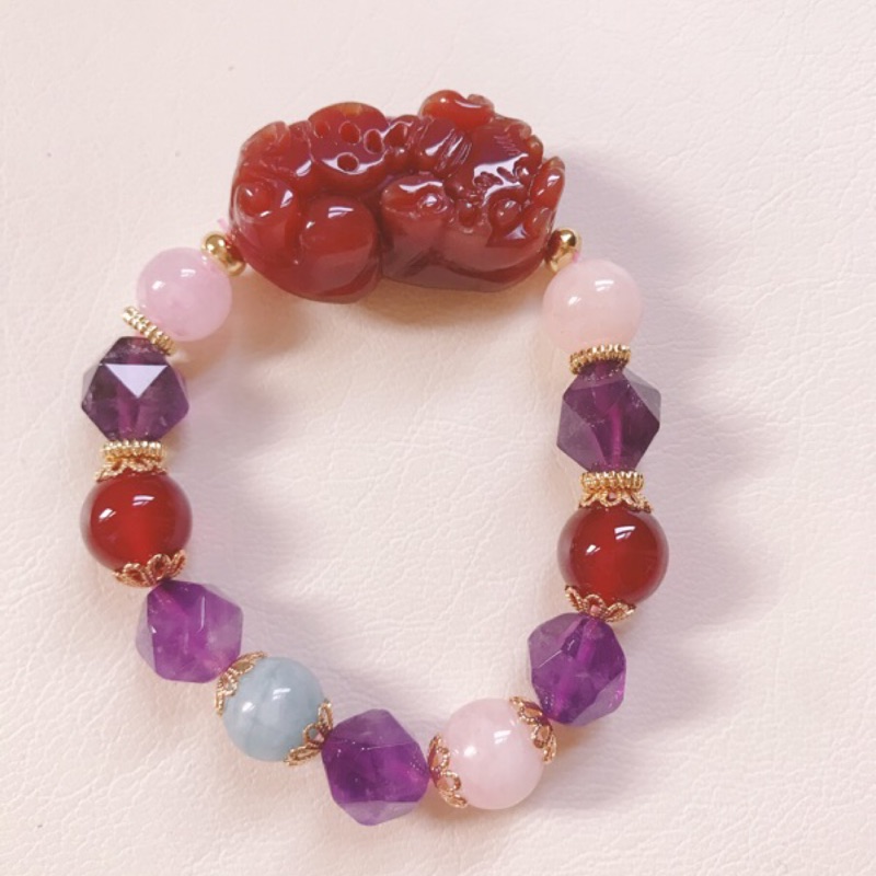紅玉貔貅串紫水晶摩根石手鍊 招財 健康
