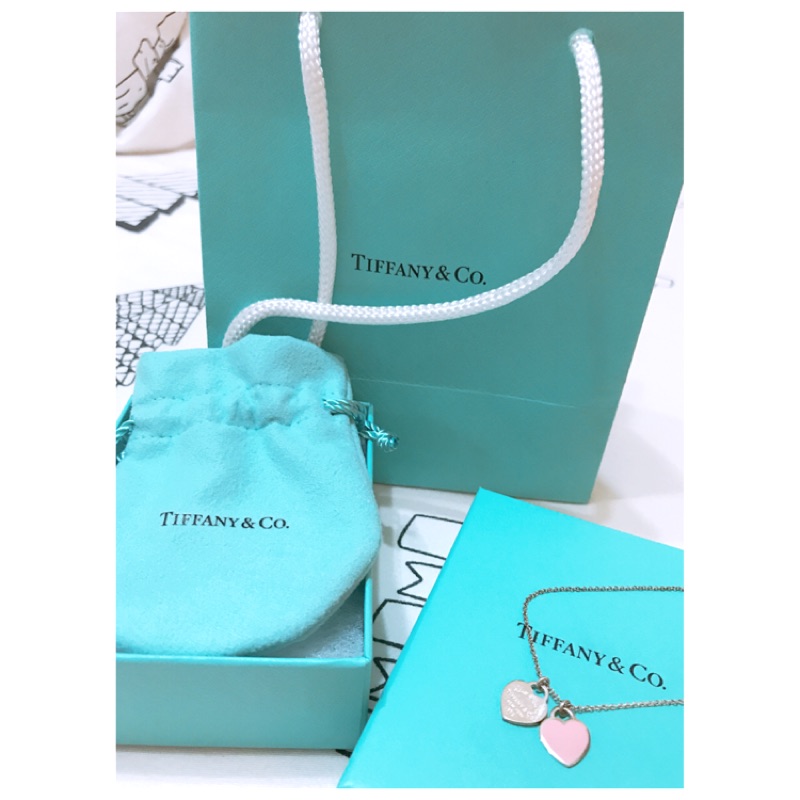 Tiffany &amp; co. 蒂芬妮 粉色 雙心型牌 925純銀項鍊 鎖骨鍊