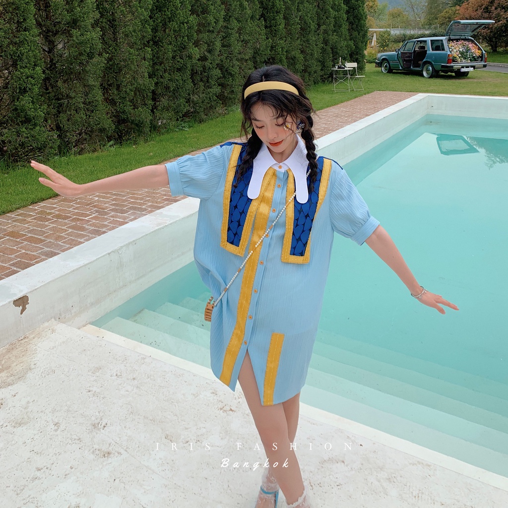 IRIS BOUTIQUE 泰國小眾原創設計 小眾IDB0027絲帶拼接藍黃拼色短袖洋裝女士夏天正品保證