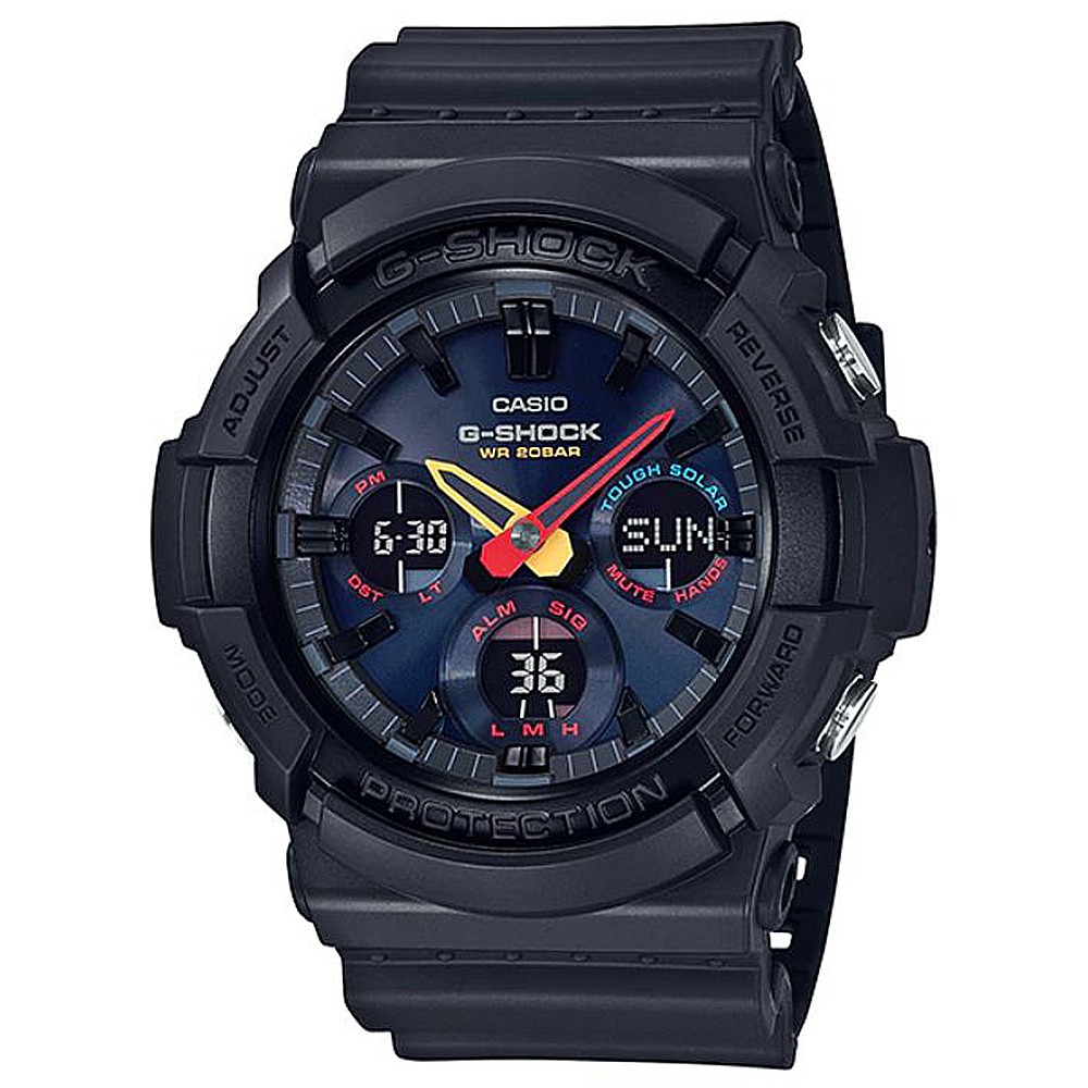 【CASIO】G-SHOCK 未來東京強悍太陽能三眼錶-消光黑X多彩霓虹(GAS-100BMC-1A)