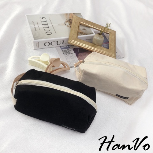 【HanVo】文青風格帆布收納化妝包 實用旅行收納化妝小包 女生配件 A1020