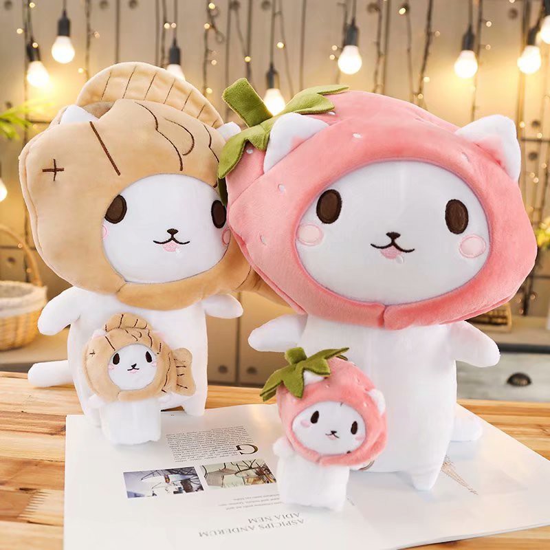 鯛魚燒貓頭套公仔變身貓咪毛絨玩具燒魚草莓小貓娃娃單肩包玩偶 蝦皮購物