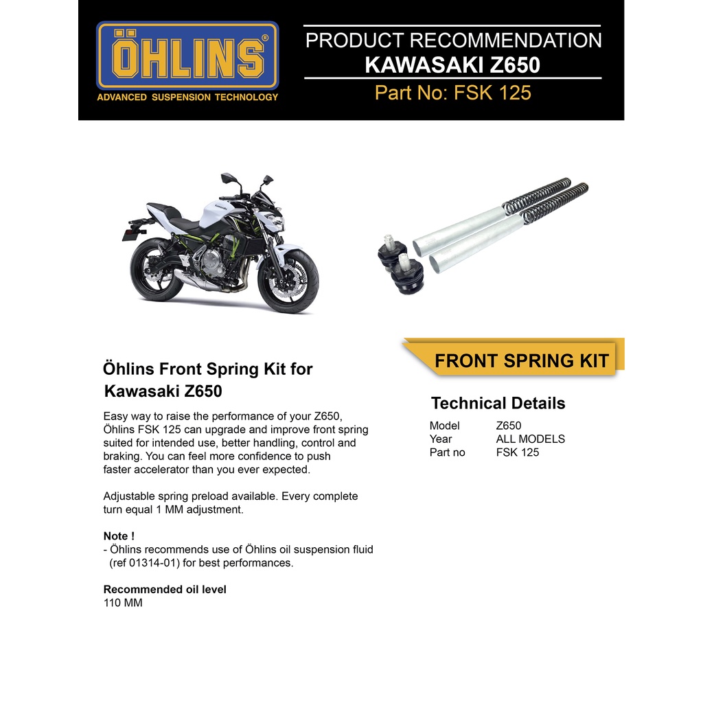 《OHLINS》FSK125前叉彈簧套件Kawasaki  Z650 All