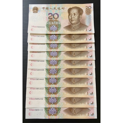 🌟秒發🌟人民幣  2005年20元紙鈔捆拆豹子號一組10張   66雙頭