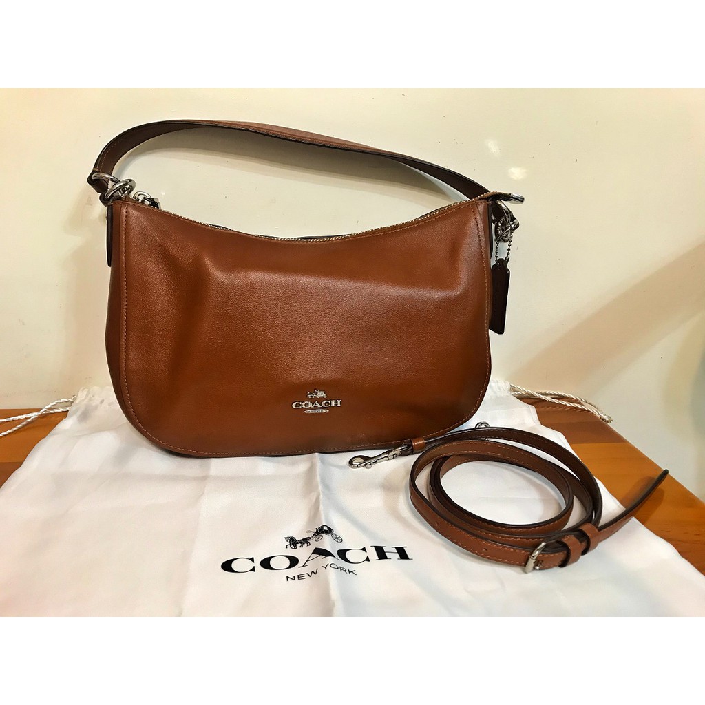 COACH CHELSEA 金馬車Logo全皮革肩斜兩用包(駝色)