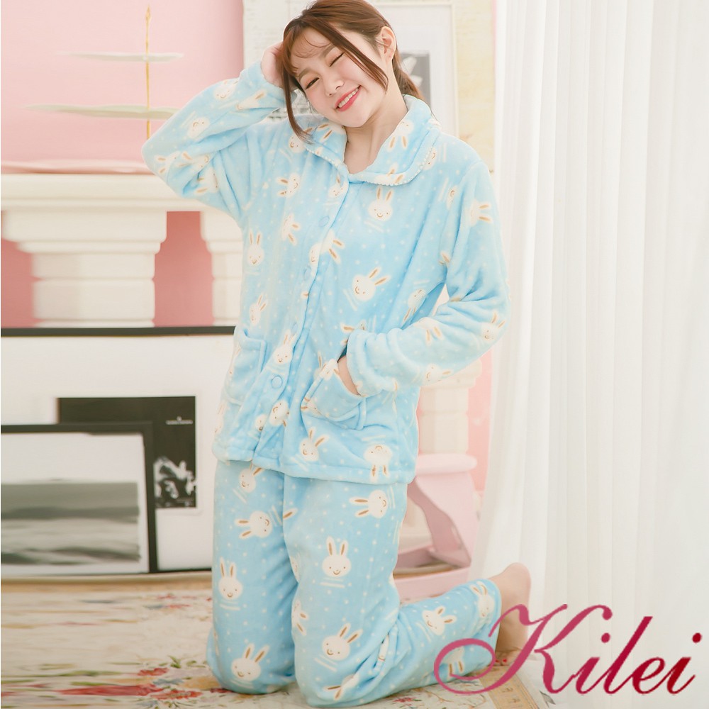 【Kilei】Q版兔兔長袖水貂絨二件式睡衣組XA3842(輕盈藍)全尺碼