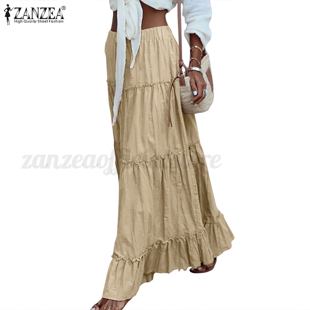 ZANZEA女士復古休閒寬鬆開彈性腰長裙