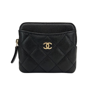 Chanel 菱格紋金雙C拉鍊卡夾/零錢包(AP2061-黑)