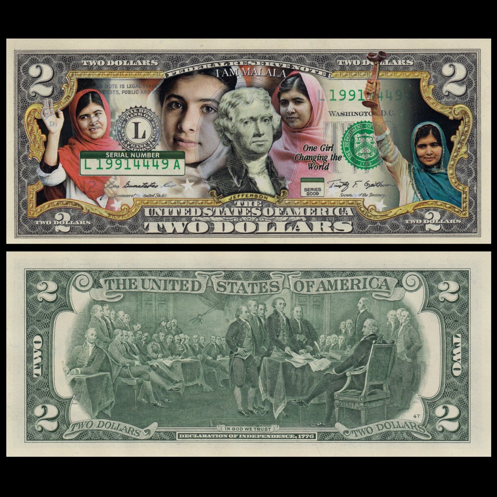 麥擱問阿 彩色版真鈔 我是馬拉拉 2美元 巴基斯坦 女權 女性 諾貝爾 美國 美金美元 混合塑料 鈔票 美國 非現行流通