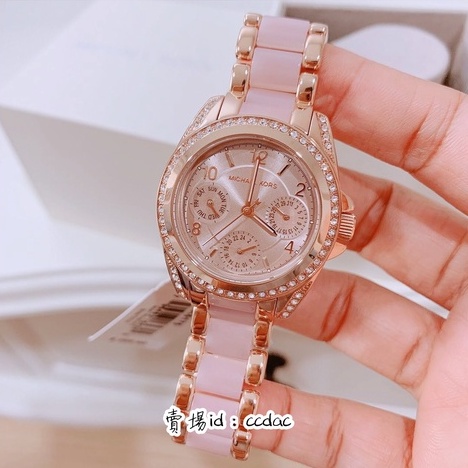 Michael Kors手錶 玫瑰金鑲鑽三眼計時針日曆多功能陶瓷錶帶腕錶 MK手錶 石英手錶MK6175 MK5943