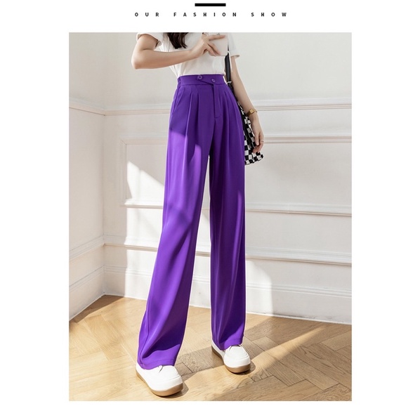紫色闊腿裤子女夏季薄款冰絲女褲垂感穿搭直筒西装褲