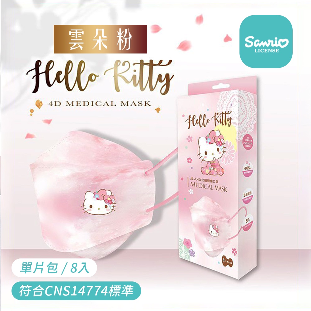 立體醫療口罩 Sanrio 三麗鷗 艾爾絲 HelloKitty 雲朵粉立體口罩 8入裝 KZ0074 kitty口罩