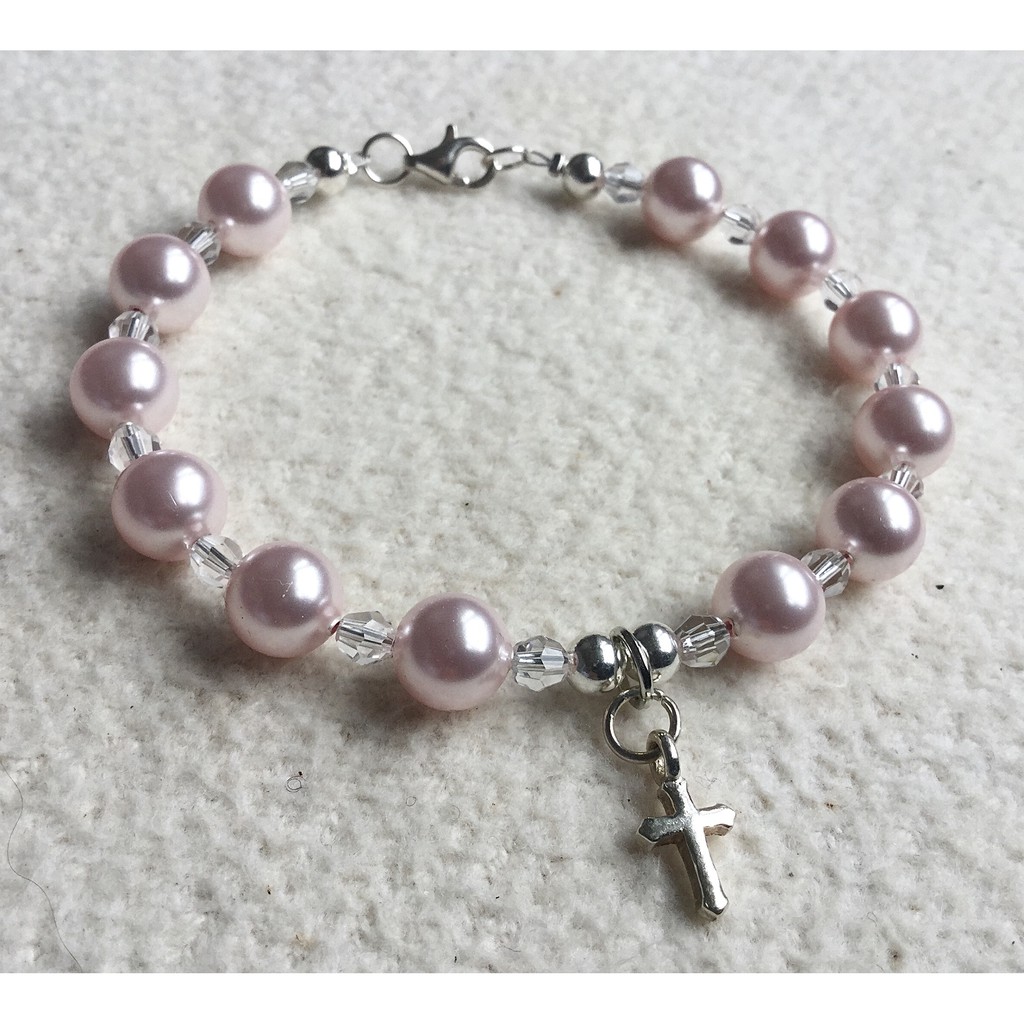 基督教禮品 施華洛世奇透明水晶搭配粉色水晶珍珠925純銀十字架手環手鍊8250042