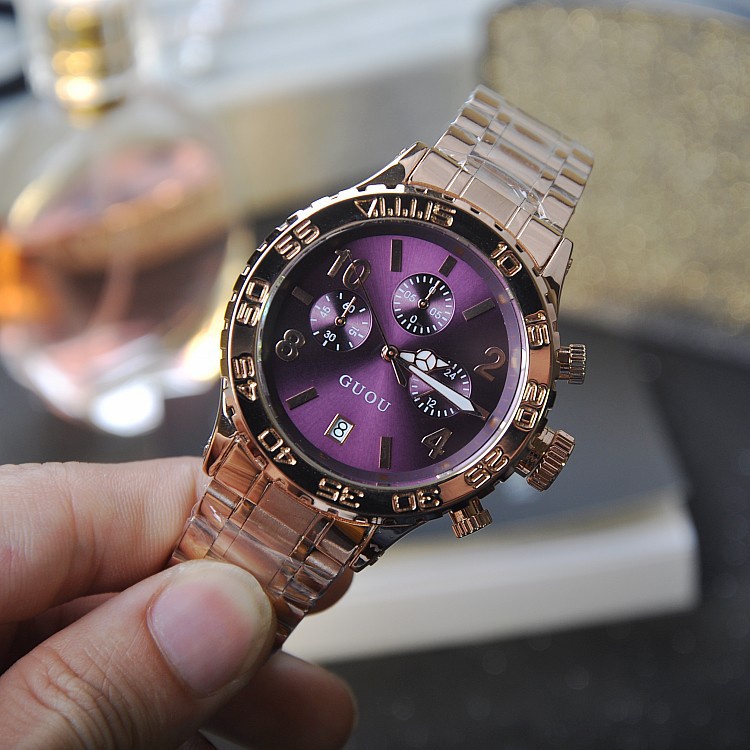 GUOU女士手錶  時尚帶日曆土豪玫瑰金不鏽鋼錶帶手錶  個性復古大表盤女表