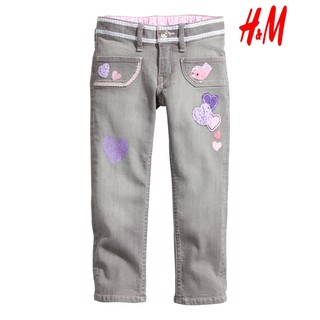 瑞典H&M 愛心拼布淺灰刷白彈性牛仔褲/單寧褲