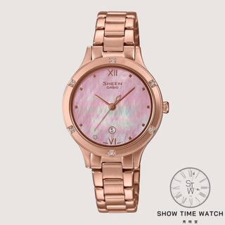 CASIO SHEEN 卡西歐 極簡風 優雅珍珠母貝 晶鑽時尚 鋼帶腕錶-貝殼粉(SHE-4546PG-4A)[秀時堂]