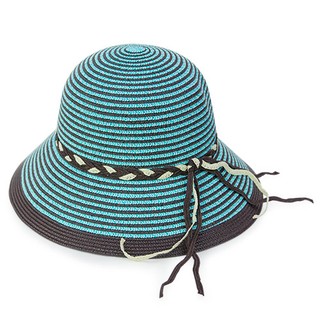 【Limehi】時尚造型編織帶草帽 沙灘遮陽帽 可折疊帽 翻邊圓帽 水藍咖 Lime-10