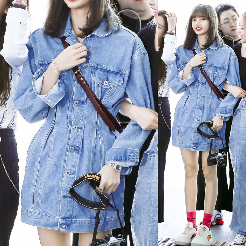 韓國偶像組合Blackpink 泰國Lisa秋新款牛仔氣質洋裝連衣裙女明星明星同款修身顯瘦女裝裙子