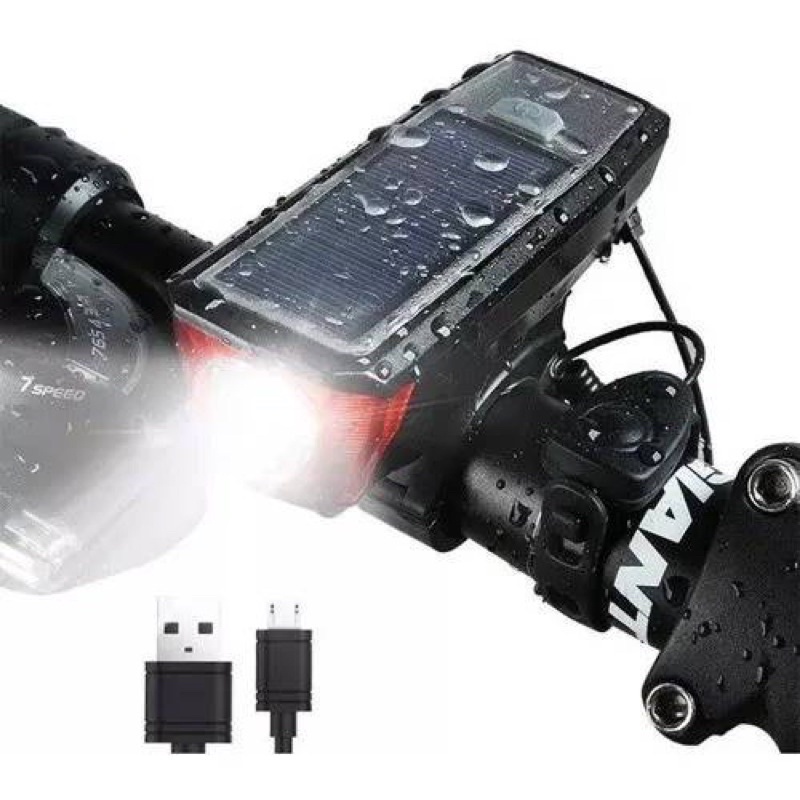 腳踏車前燈車喇叭太陽能充電USB充電高亮度電筒防水戶外騎行裝備