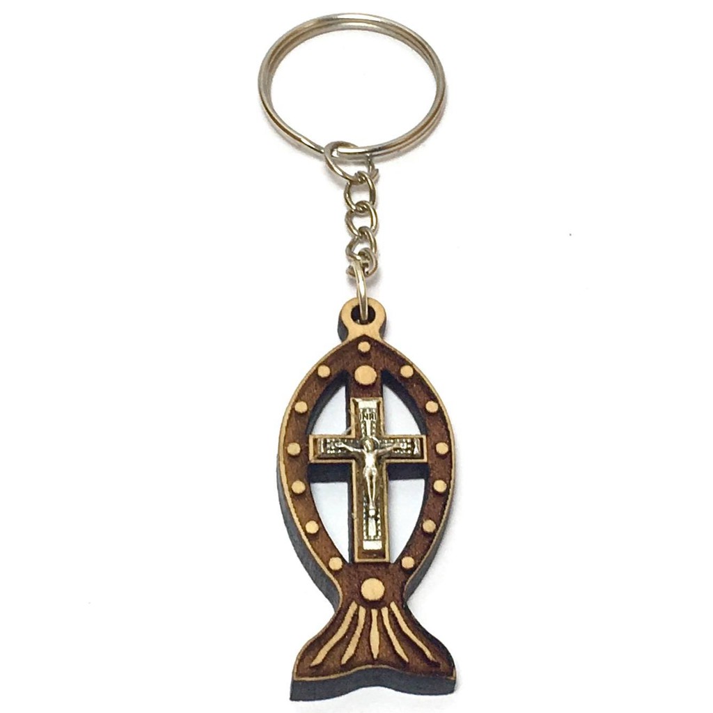 天主教聖物 以色列進口 十字架 耶穌苦像 豐盛魚 造型 橄欖木 鑰匙圈 13-71