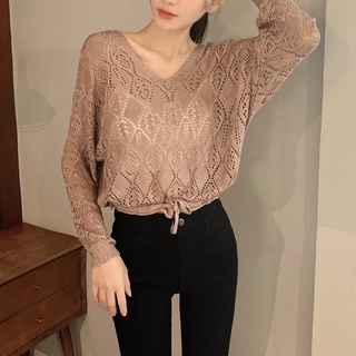 綁繩金鍊簍空針織衣【E197 】Sandy33女裝批發秋冬新款韓系INS休閒百搭氣質露腰V領上衣 長袖上衣 簍空上衣女