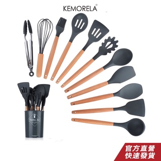 KEMORELA 木柄矽膠廚具耐熱特納鉗湯勺不黏鍋油刷烹飪廚房工具