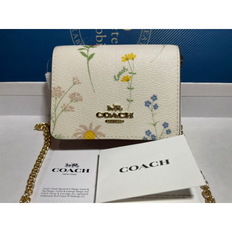 全新現貨 正品Coach 白色花鏈條短夾 小廢包