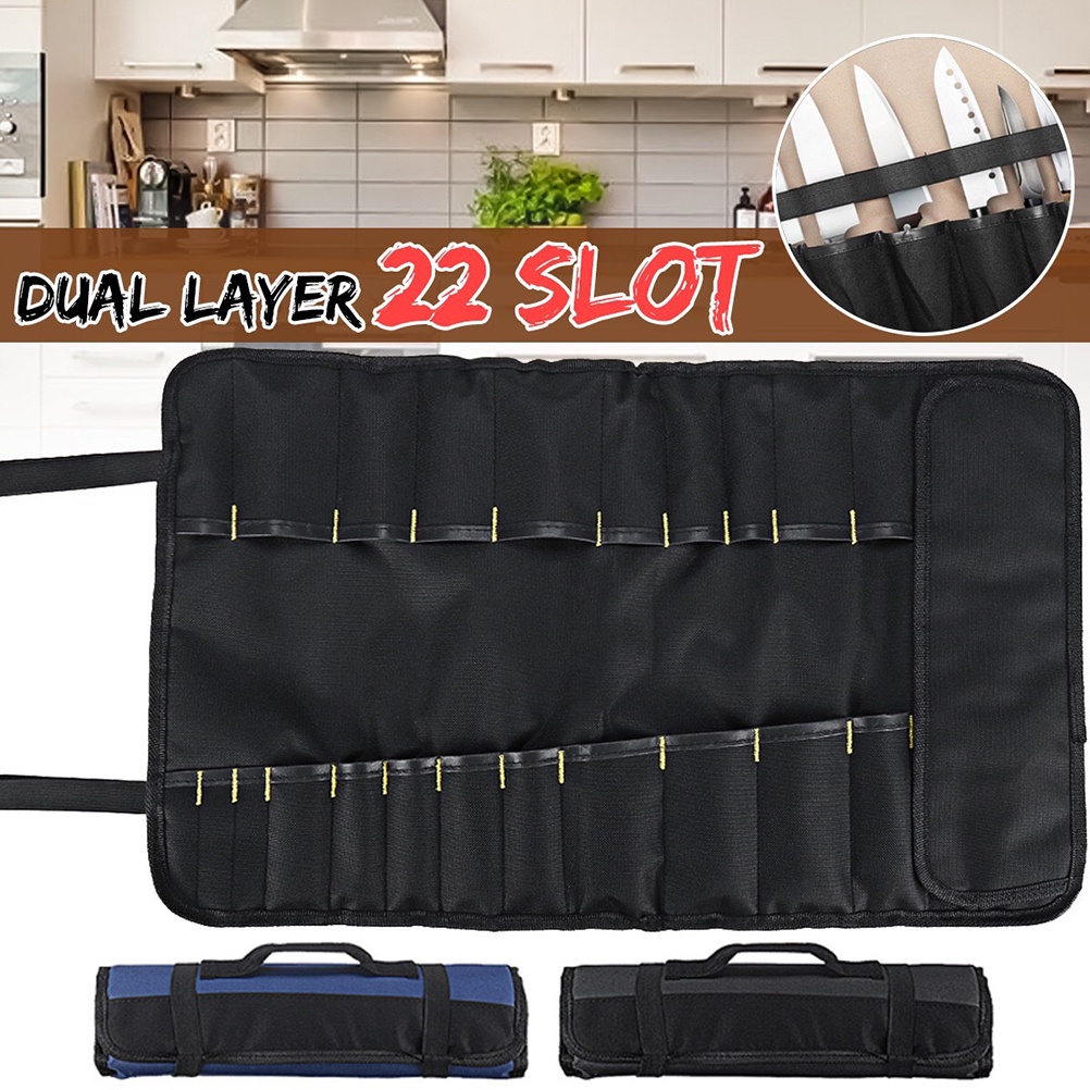 厚手提包牛津袋 22 槽廚師袋廚房便攜式刀具收納袋餐具架收納袋(黑色)