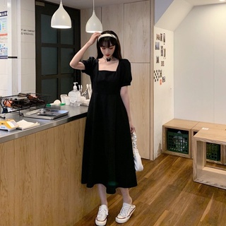 胖胖美依 洋裝 連身裙 禮服 宴會裙S-3XL赫本小黑裙 夏季顯瘦法式複古氣質方領過膝長款連衣裙D508-C.8435.