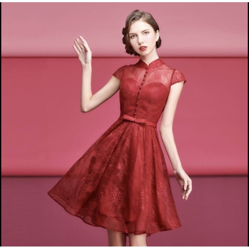 OMUSES專櫃紅色蕾絲改良式旗袍短禮服(XL)-二手近全新