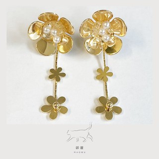 -卯屋 MAOWU- Lattice 2Way 垂墜的金色花朵珍珠耳環 耳針 日本空運來臺