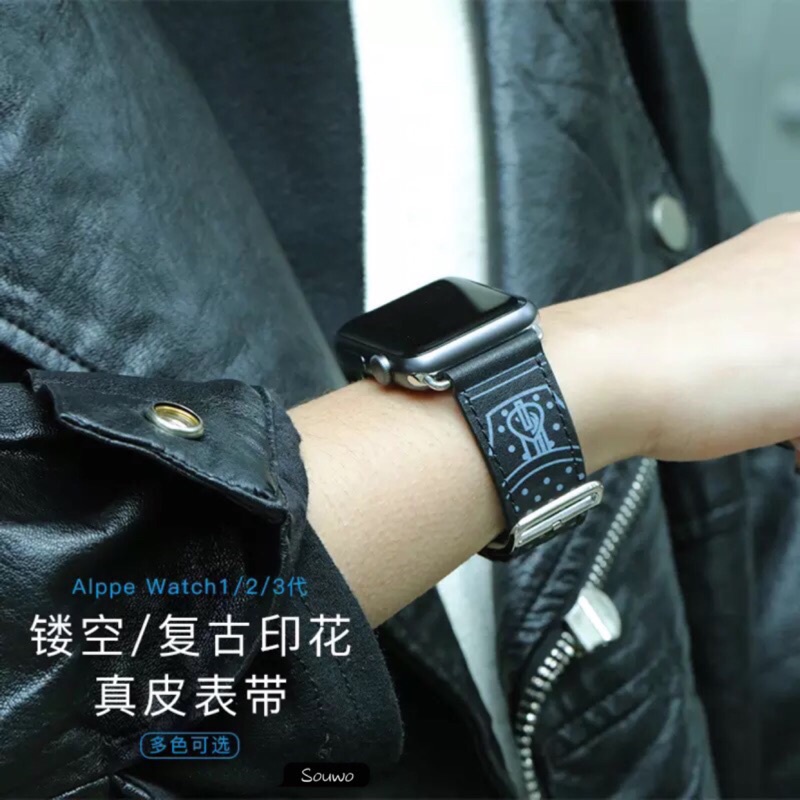 apple watch6/5/4代蘋果手錶經典真皮圖騰錶帶 iwatch1/2/3代手錶帶44mm/42mm【愛德】