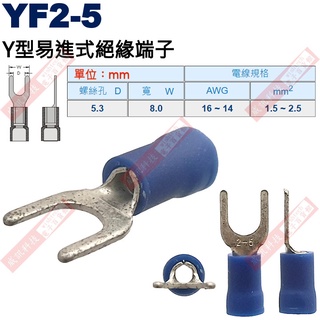 YF2-5 Y型易進式絕緣端子 螺絲孔5.3mm AWG16-14/1.5-2.5mm²