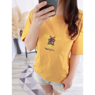 ALICE❣️【E210309】眼鏡麋鹿圓領棉T恤-黃色現貨