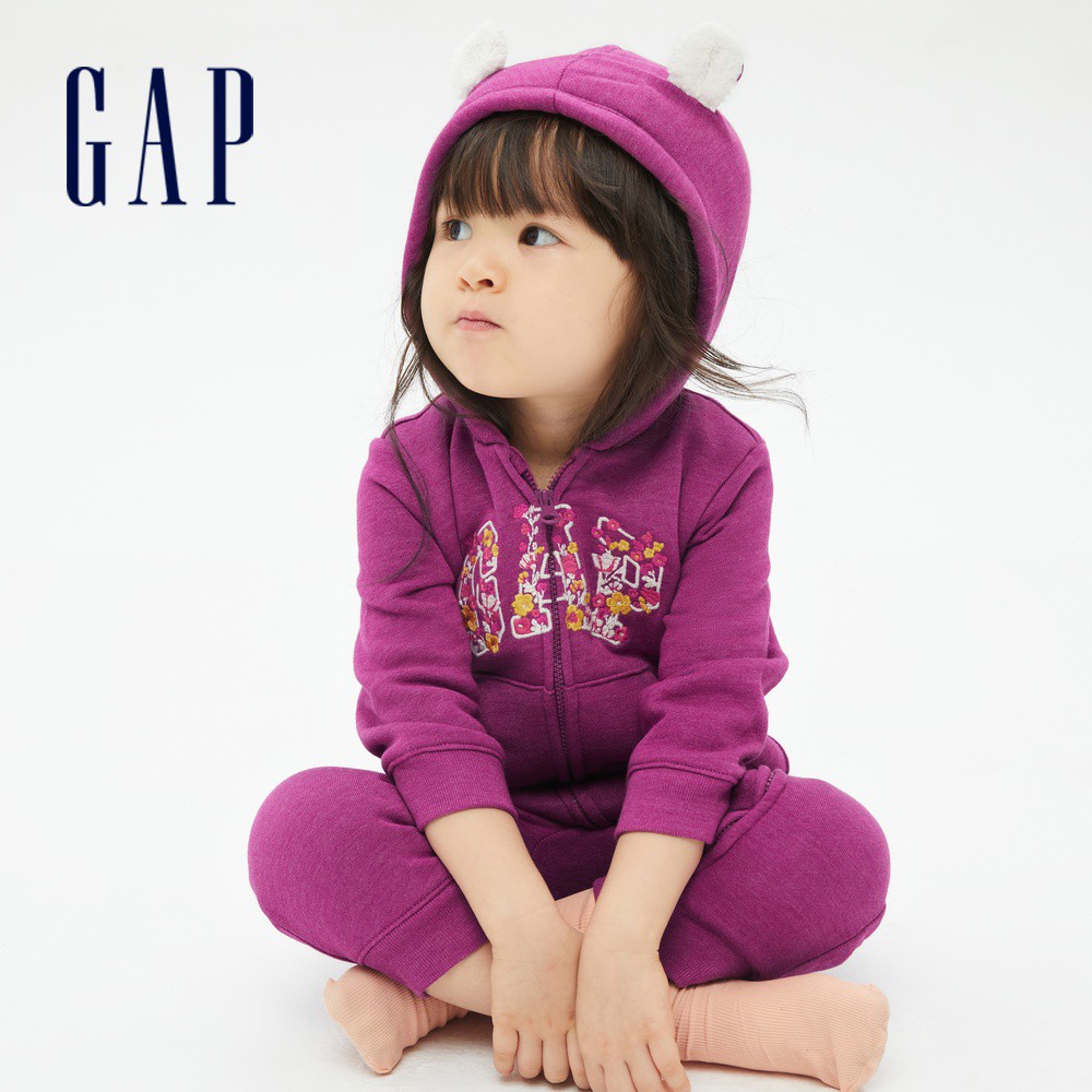 Gap 嬰兒裝 Logo仿羊羔絨熊耳連帽長袖包屁衣-紫紅色(732652)