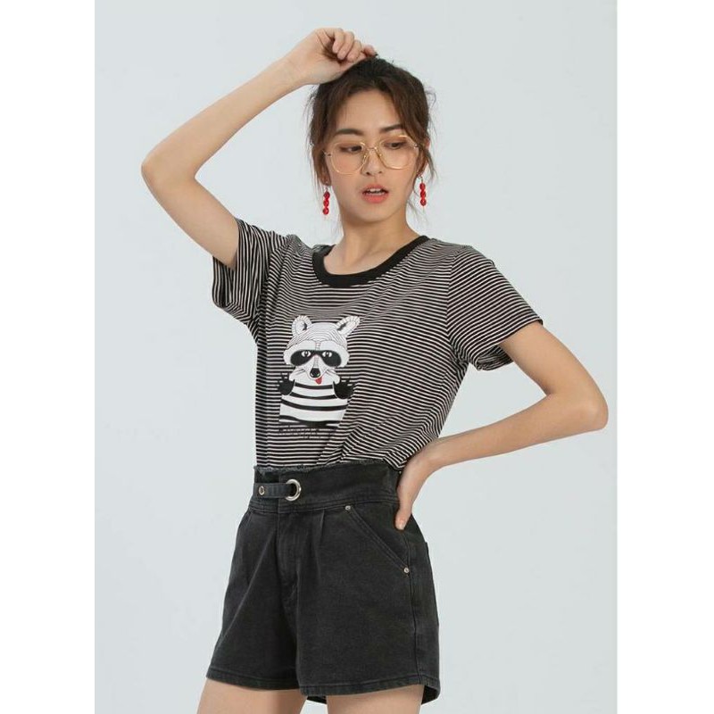 🦄GOES CLUB 女款⚡韓版可愛貍貓條紋休閒t恤－2色（ 黑白 ）（白黑）